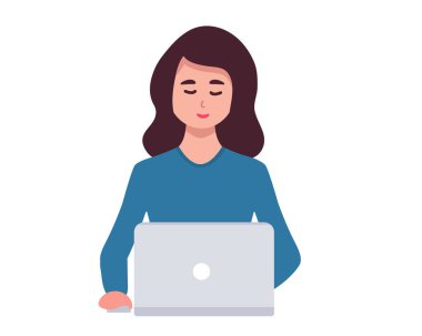 Laptoplu kız dizüstü bilgisayarla oturuyor. Serbest çalışmak ya da konsept çalışmak. Not defterinde, ders çalışırken, internette sohbet ederken. Çalışan genç bir kadın. resimleme düz biçimi