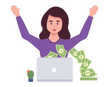 Dizüstü bilgisayarı olan kız para kazanıyor. Para laptoptan geliyor. Serbest çalışmak ya da konsept çalışmak. Defterde, internette sohbet ederken. Çalışan genç bir kadın. resimleme düz biçimi