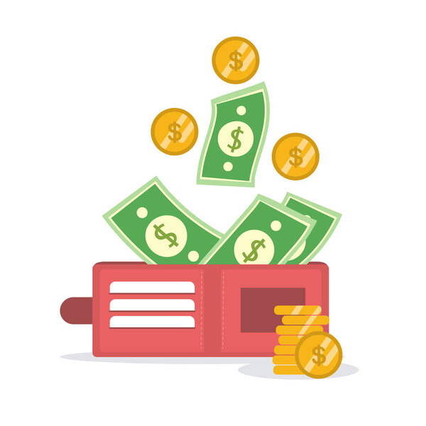 Золотые монеты деньги летят в бумажнике векторной иллюстрации, идея сбережений фонда, денежные доходы, финансовый успех, получение богатства, заработная плата доход значок изолированы на белом
