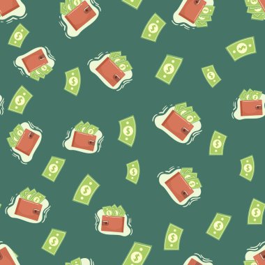 Kusursuz vektör deseni. Cüzdan, para, beyaz arka planda altın maddi simgeler. Fon tasarrufu, nakit kazanç, finansal başarı, zenginlik elde etme, maaş gelir ikonu