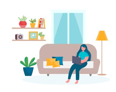 Kanepede dizüstü bilgisayarı olan kız oturuyor. Kalıp evde çalışmak. Evde çalışan genç bir kız. Koronavirüsten kendini izole etme kalkanı. Karantina sırasında evden uzak bir çalışma. Çizim düz biçimli