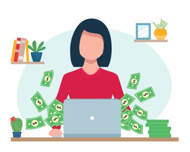 Çevrimiçi şirin genç kız hack bankası. Kötü para güvenliği, kadın para transferi vektör çizimi. Hacker saldırısı. Yeşil banknotlu başarılı iş kadını dizüstü bilgisayarla masada oturuyor. Düz