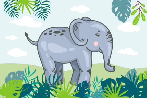 Zoológico Fauna Africana Elefante Hojas Dibujos Animados Selva Ilustración Dibujada — Archivo Imágenes Vectoriales