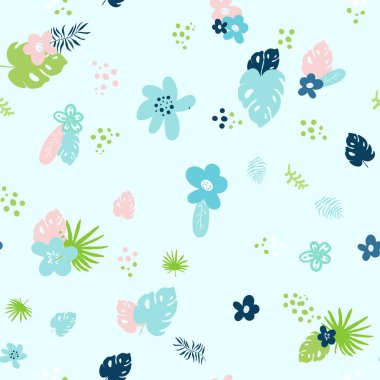 Doğa 'yı kusursuz bir şekilde karala. El çizimi soyut tropikal yaz arkaplanı: palmiye ağacı, fan palmiyesi, canavar, muz yaprakları, egzotik çiçek silueti. Vektör sanatı illüstrasyonu