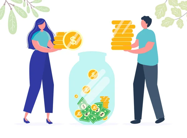 Kız adam bozuk para tutuyor. Tasarruf yapmak, yatırım yapmak. Finans, Yatırım. Kavanoz, kumbaralı para, kadın parayı alır. Jar Saving için, depozito web sayfası afişi. Çizgi film Düz Vektör İllüstrasyonu