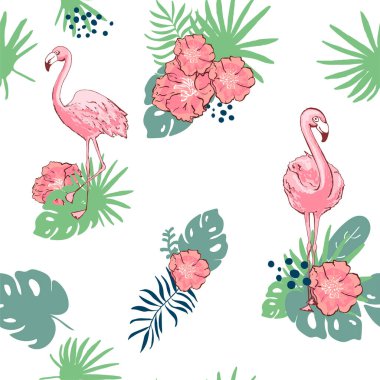 Pembe flamingo. Şirin Afrika kuşu. Kusursuz vektör deseni. Yüzey, tekstil, çocuklar için kumaş için tropik yumuşak bir arka plan. El yapımı fırça dokusu. Çiçek karalıyor. beyaz arkaplan.
