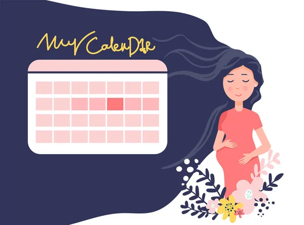 Ilustração plana vetorial de uma jovem grávida, dias em um calendário. Vetor — Vetor de Stock