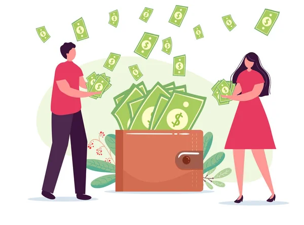 Erkek kadının elinde çok para, dolar ve cüzdan var. Tasarruf, yatırım. Finans, Yatırım. Jar Saving için, depozito web sayfası afişi. Çizgi film Düz Vektör İllüstrasyonu