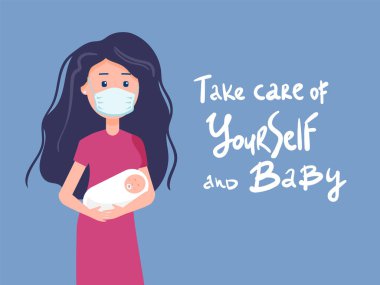 Düz bir şekilde vektör illüstrasyonu. Bebekli, tıbbi maskeli bir kadın. Kendine ve bebeğine iyi bak, annelik karantina altında. Covid 19 için risk ve pm2.5.Annelik geçmişi için hassasiyet