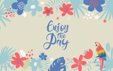 Egzotik tropikal orman yağmur ormanları çerçevesi karala. Papağan canavarlı yeşil palmiye ağacı çiçek bırakır. İzole bir element. Mesaj için yer. Vektör tasarımı illüstrasyonu.