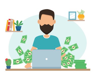Adam bankayı hackledi. Kötü para güvenliği, para transferi vektör çizimi. Hacker saldırısı. Yeşil banknotlu başarılı iş adamı dizüstü bilgisayarla masada oturuyor. Düz.