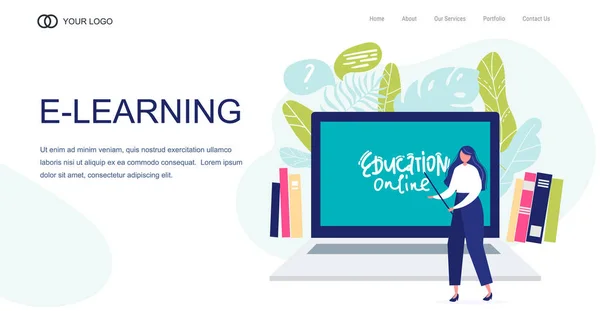 Landing Page Vorlagenbanner Vector Online Education Illustration Der Lehrerin Frau — Stockvektor