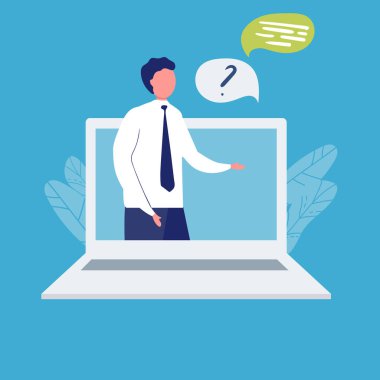 Mavi zemin üzerinde dizüstü bilgisayar ekranı düz vektör çizimi yapan mutlu operatör. Dizüstü bilgisayardaki adam soruya cevap veriyor. Danışmanlık, internet işi, internet. Merkezi ara. Yardım edin. çevrimiçi danışman