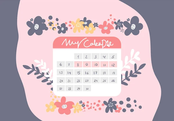 Den Menstruationszyklus Des Kalenders Menstruationskalender Monatlicher Zeitraum Kalender Schreiben Vektor — Stockvektor