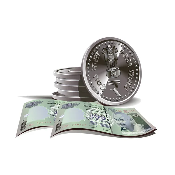 Indiai rúpia köteg és érmék — Stock Vector