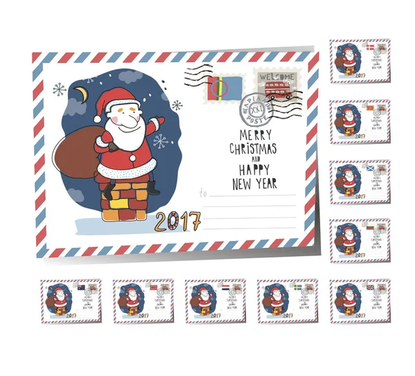 Νέο έτος καρτ ποστάλ Χριστουγέννων Santa 2017 — Διανυσματικό Αρχείο