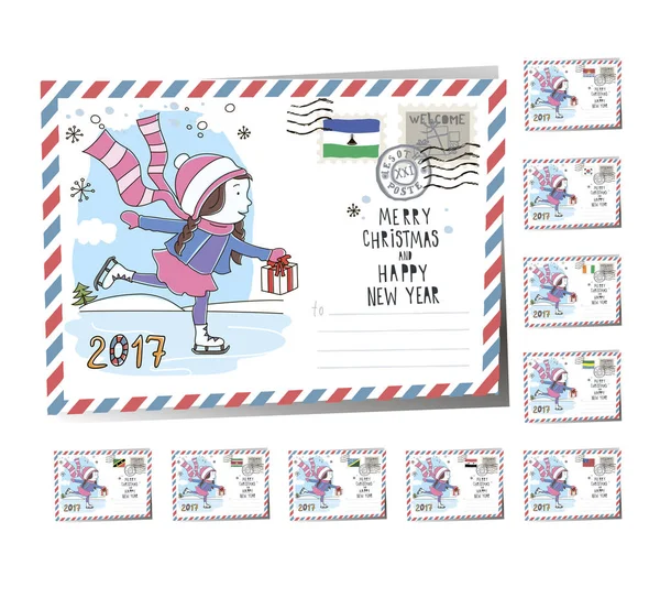 Neujahr Postkarte Weihnachten Schlittschuhe 2017 — Stockvektor