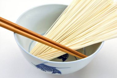 Japanese noodles in a bowl with chopsticks clipart