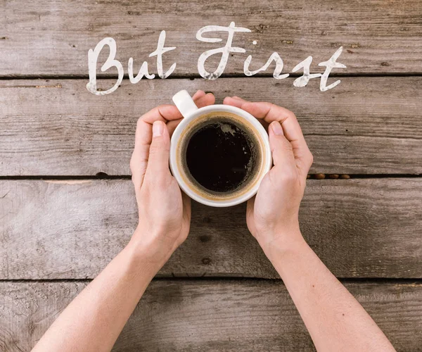 Coffee mug steam in hands — Stock Photo