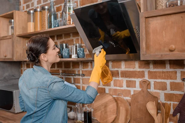 Housewife cleaning tv set — Stok Foto