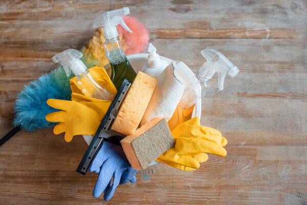 Cleaning supplies on table 