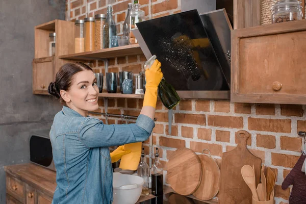 Housewife cleaning tv set — Stock Photo