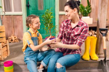 Mutlu anne ve kızı ile birlikte verandada oturup ve birbirlerine gülümseyen Saksılı bitki