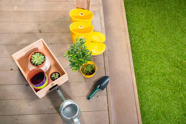 Regadera, botas amarillas y plantas en caja de madera en porche — Foto de Stock