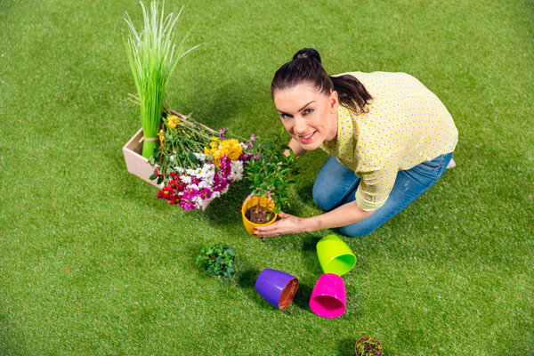привлекательный садовник с растениями и цветочными горшками, сидящими на зеленой траве
