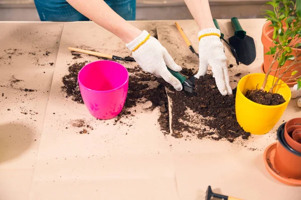 Cropped view of woman with shovel, soil, flowerpots and plant on table — Stock Photo, Image