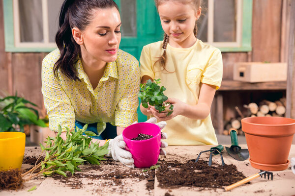 mother and daughter with plants and flowerpots standing at table on porch 