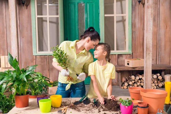 母と娘は植物や植木鉢をベランダのテーブルに立っています。 — ストック写真