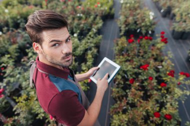 gardener with tablet during work in garden clipart
