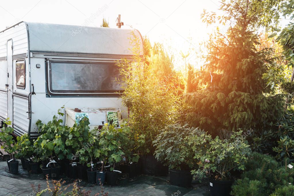 empty garden with trailer and plants