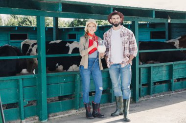 farmers with fresh milk at cowshed clipart