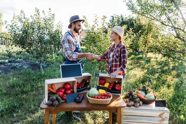 Farmers shaking hands at market — Stock Image Farmers shaking hands at market Stock Photo