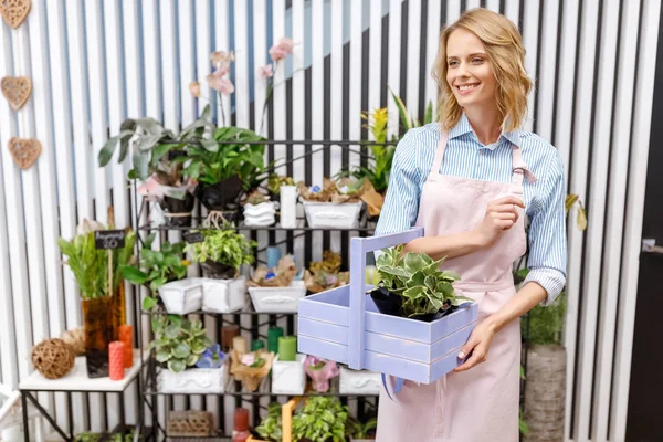 Florist innehav korg med växt — Stockfoto