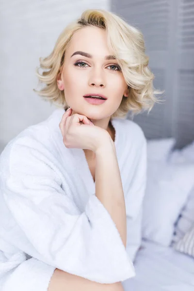 Portrait Beautiful Young Blonde Woman Bathrobe Looking Camera — Stock Photo, Image