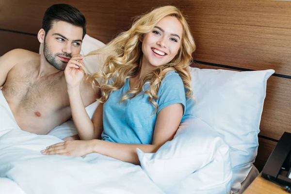 Happy Girlfriend Touching Hair Bed Morning — Stock Photo, Image