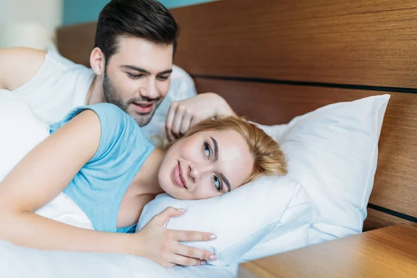 Boyfriend Touching Girlfriend Hair Bed Morning — Free Stock Photo