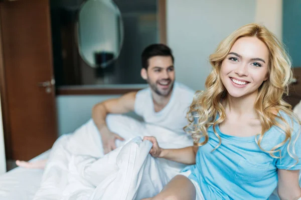 Smiling Girlfriend Bed Looking Camera — Stock Photo, Image