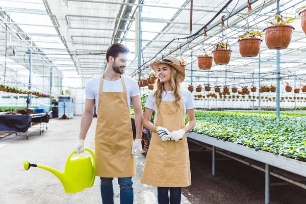 Jardineros Con Rastrillo Regadera Pasean Entre Plantas Invernadero — Foto de stock gratis