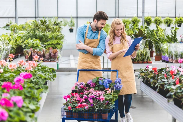 Jardineros Sonrientes Con Portapapeles Orden Llenado Flores Invernadero — Foto de Stock