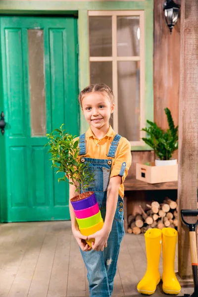 Adorable niña sosteniendo macetas de colores con planta casera y sonriendo a la cámara - foto de stock