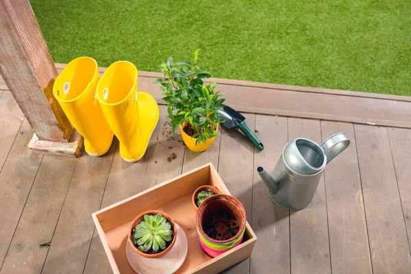 Gießkanne, gelbe Stiefel und Pflanzen im Holzkasten auf der Veranda — Stockfoto