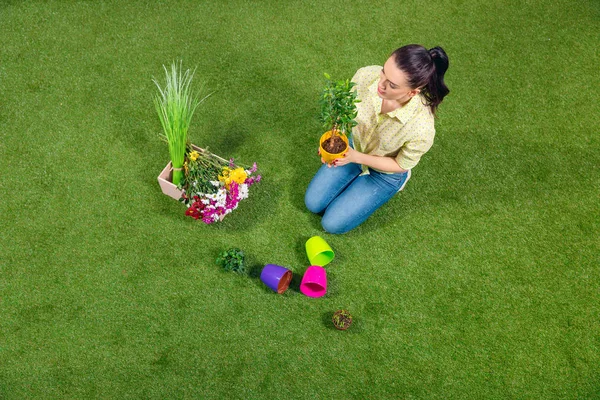 Attractive gardener with plants and flowerpots sitting on green grass — Stock Photo