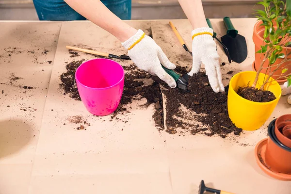 Vista ritagliata della donna con pala, terreno, vasi da fiori e piante sul tavolo — Foto stock