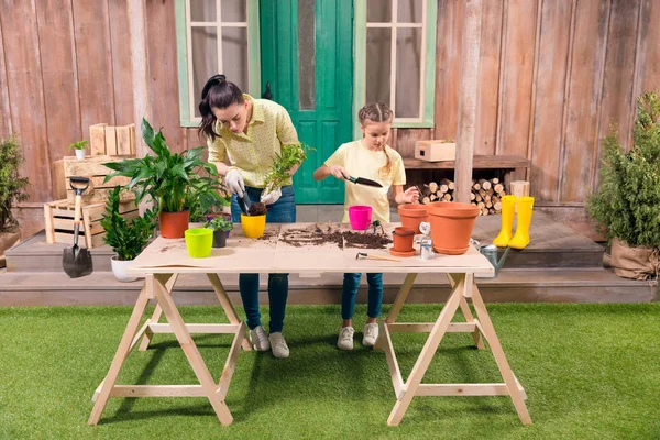 Madre e hija con plantas y macetas de pie a la mesa en el porche - foto de stock