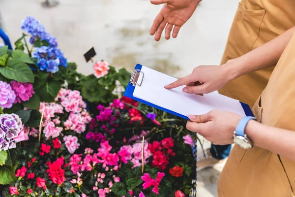 Close-up view of gardeners with clipboard discussing order in greenhouse — Stock Photo