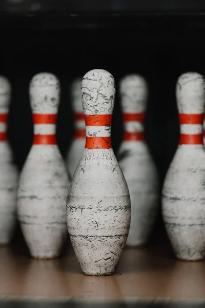 Close-up shot of grungy bowling pins — Stock Photo